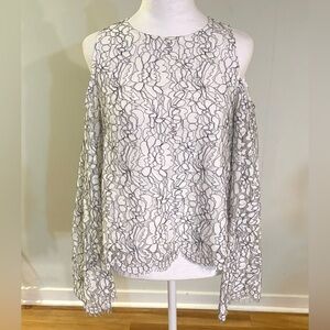 BKE Boutique, Lace Overlay Top with Bell Sleeves, White and Black, Size S